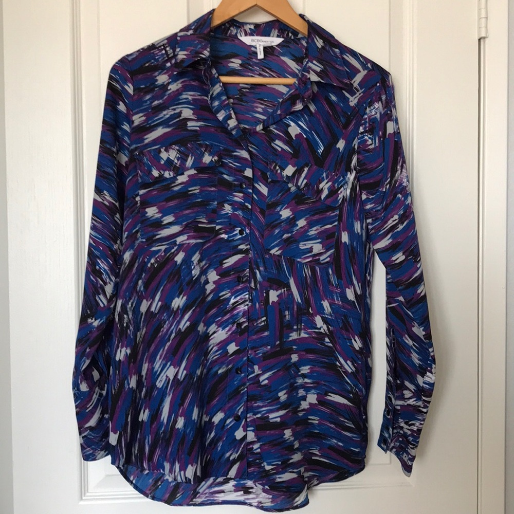 BCBG Black/Purple/Blue Long Sleeve Blouse